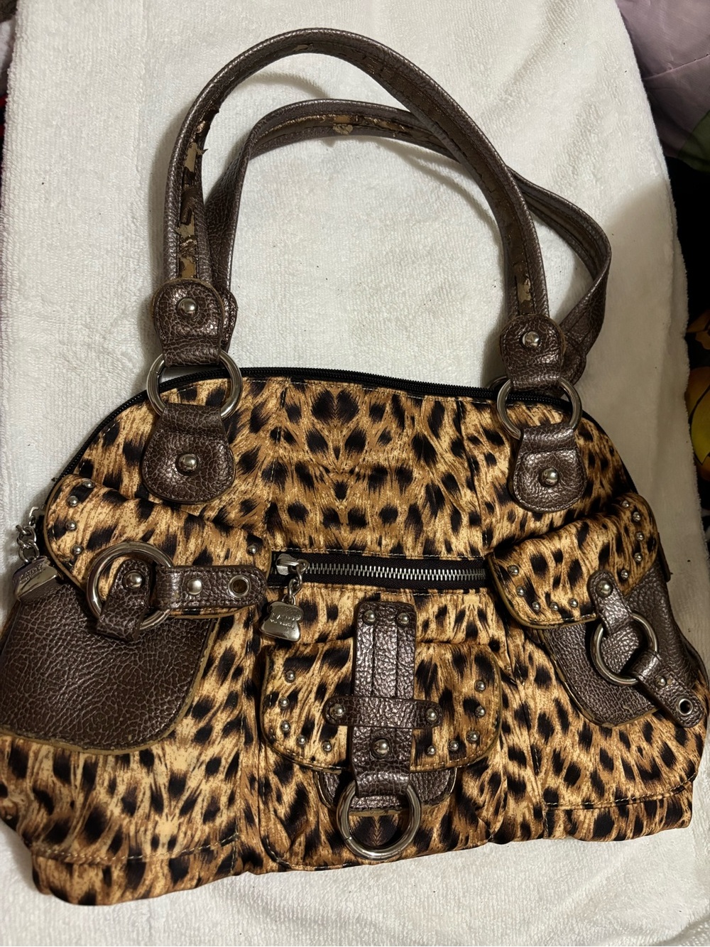 Kathy Van Zeeland Leopard Print Bronze Satchel Handbag